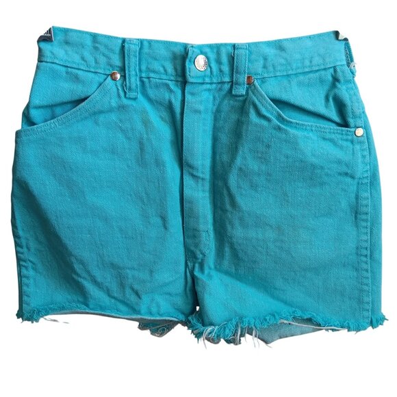 Women's 25W Denim Cutoff Shorts Vintage 70s Turquoise High-Waisted Farm Frayed - Picture 1 of 6